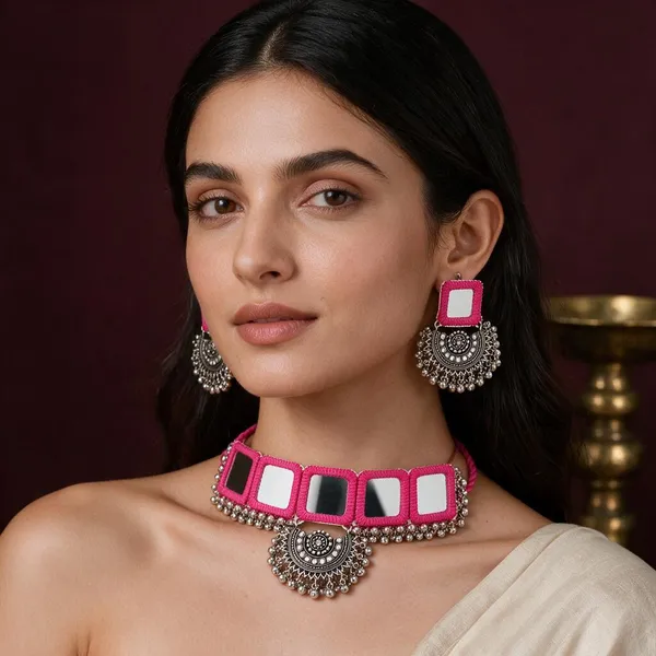 Pink_Thread_Mirror_Work_Chokar_Jewellery_Set_For_Women