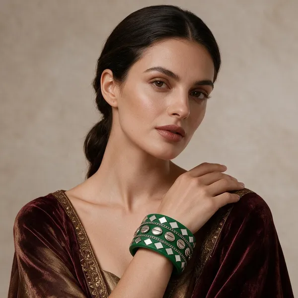 Navratri_Special_Traditional_Handcrafted_Green_Handcuff_Kada_With_Mirror_And_Cowrie_Shell_Work