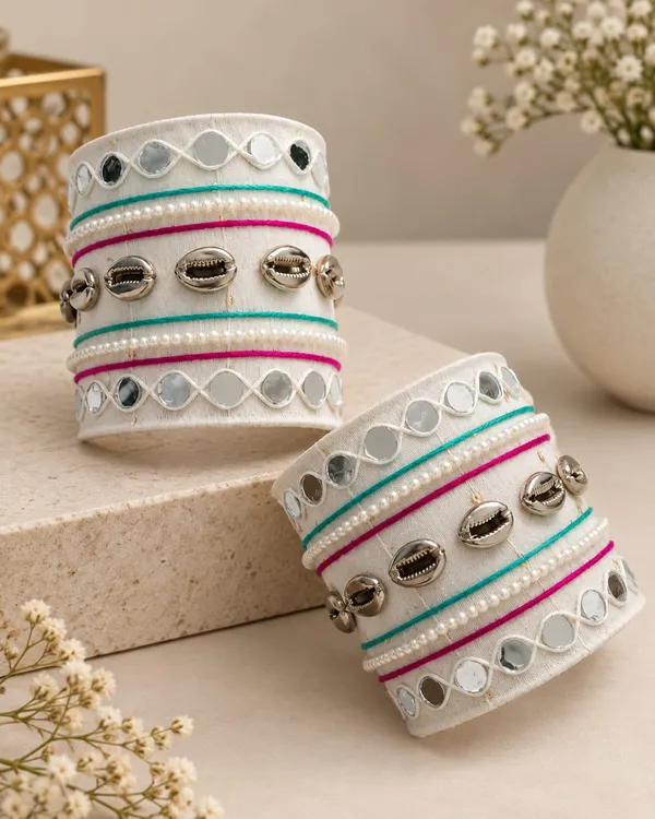 White_Navratri_Special_Traditional_Handcrafted__Handcuff_Kada_with_Mirror_&_Cowrie_Shell_Work