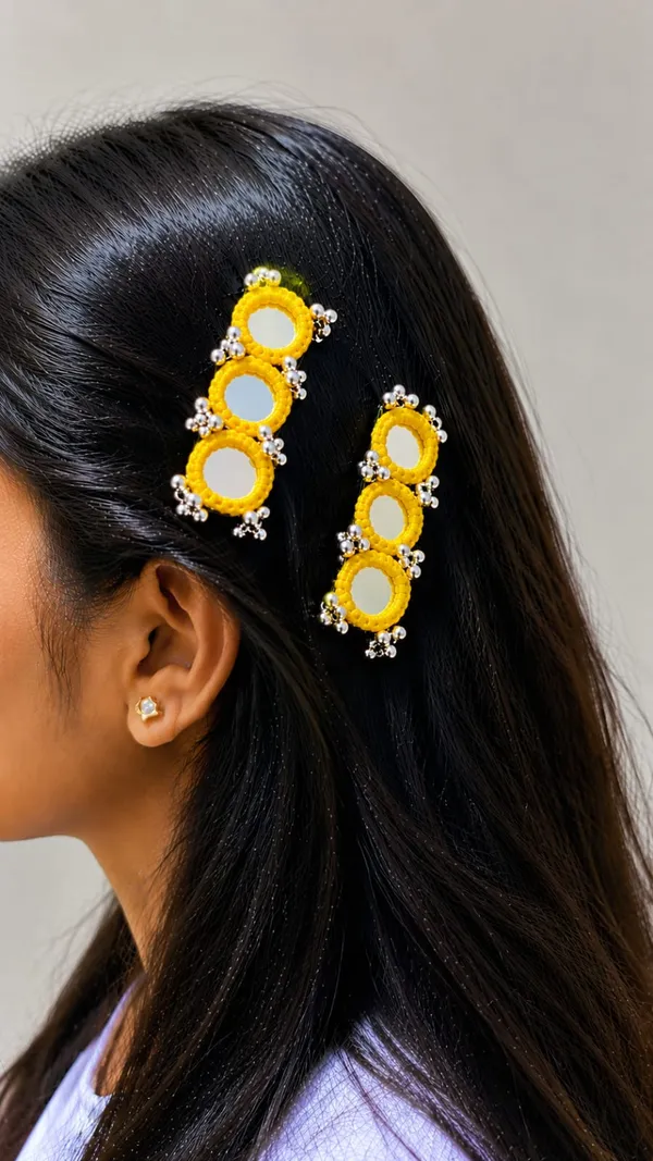 Handcrafted_Yellow_Beaded_Hair_Pin_With_Mirror_And_Silver_Bead_Detailing