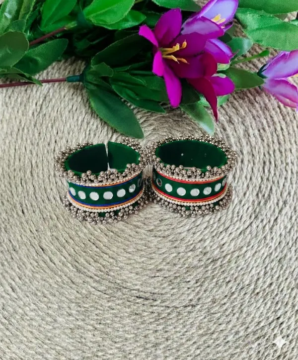 Navratri_Special_Traditional_Handcrafted_Green_Handcuff_Kada_with_Mirror_&_Cowrie_Shell_Work