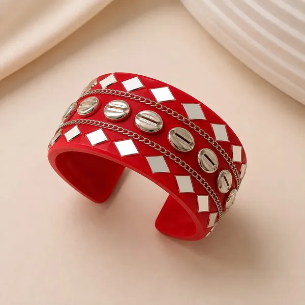 Navratri_Special_Traditional_Handcrafted_Red_Handcuff_Kada_With_Mirror_And_Cowrie_Shell_Work