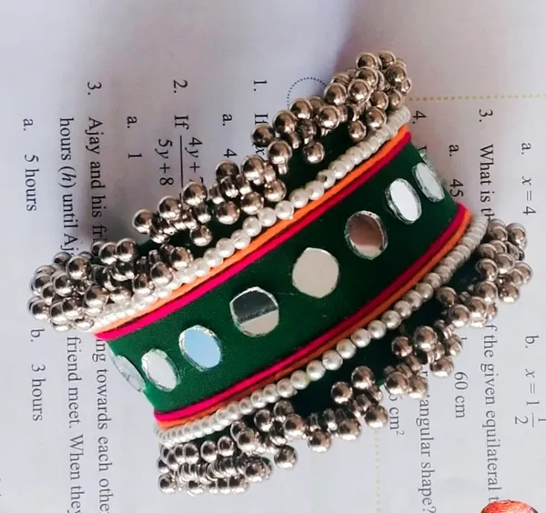 Navratri_Special_Traditional_Handcrafted_Green_Handcuff_Kada_with_Mirror_&_Cowrie_Shell_Work