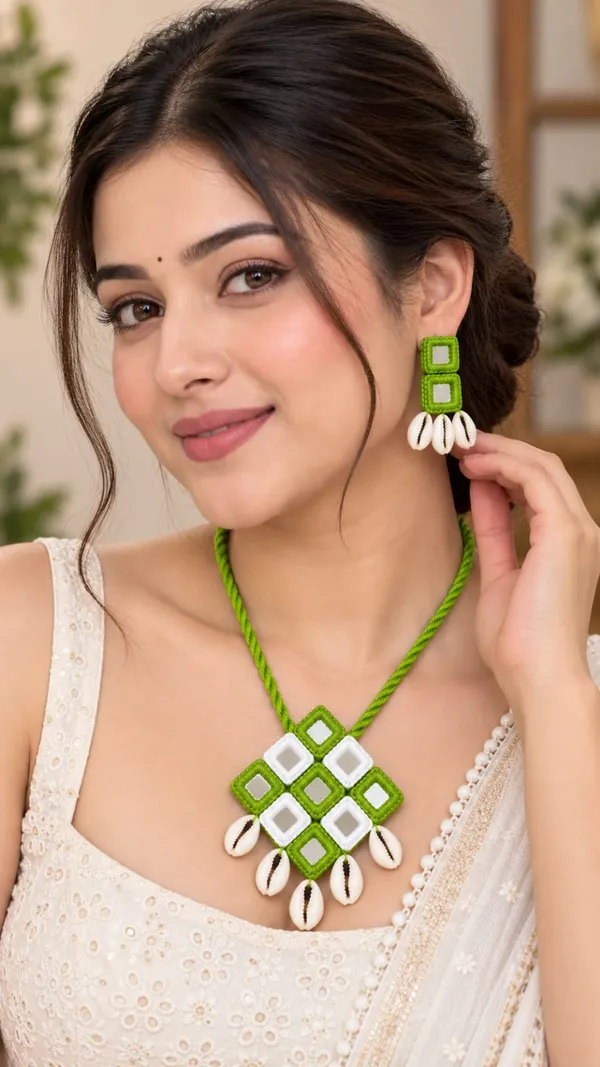 Green_Shell_Statement_Necklace_And_Earrings_Set_For_Women