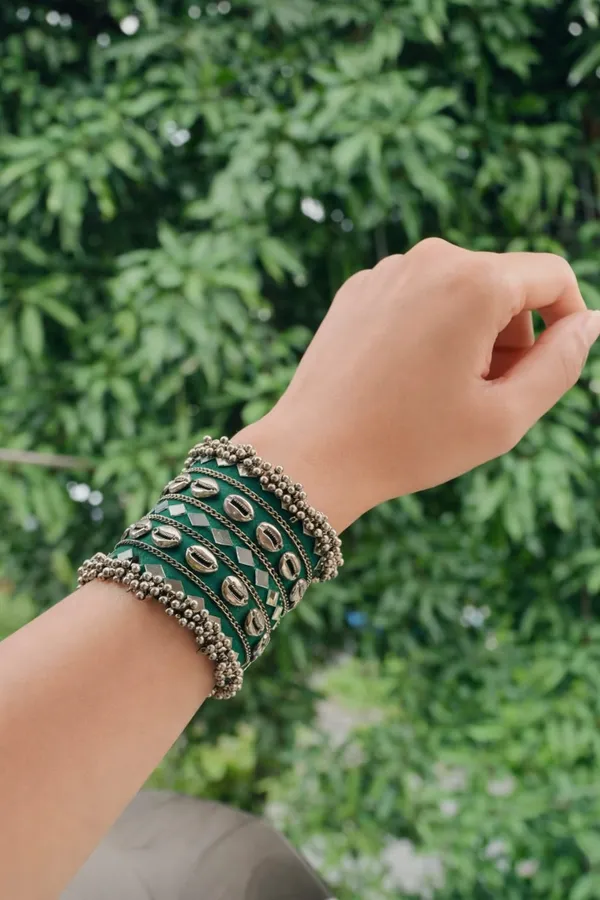 Green_Navratri_Special_Traditional_Handcrafted__Handcuff_Kada_with_Mirror_&_Cowrie_Shell_Work