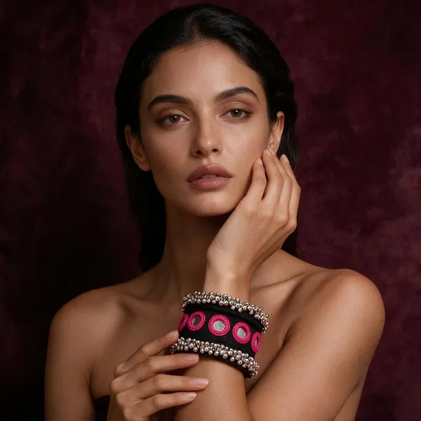 Black_Fabric_Wrapped_Pink_Embroidered_Mirror_Bangle_For_Women