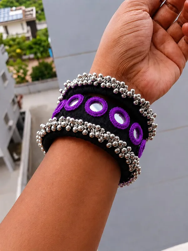 Black_Fabric_Wrapped_Purple__Embroidered_Mirror_Bangle__For_Women