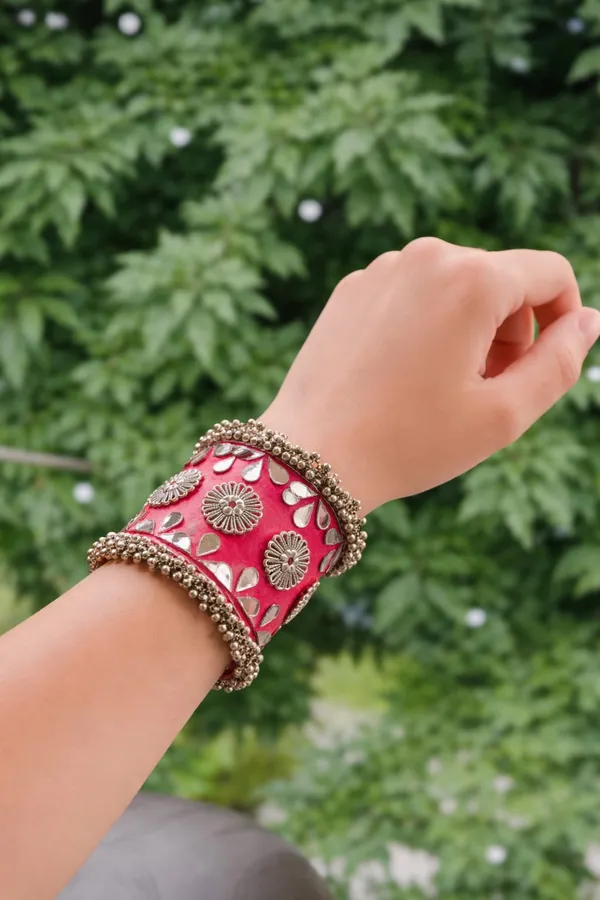 Red_Navratri_Special_Traditional_Handcrafted__Handcuff_Kada_with_Mirror_&_Cowrie_Shell_Work