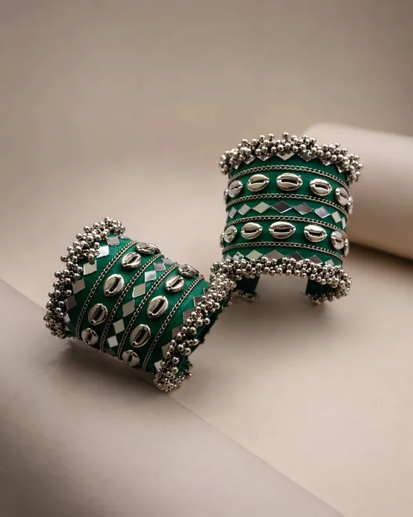 Green_Navratri_Special_Traditional_Handcrafted__Handcuff_Kada_with_Mirror_&_Cowrie_Shell_Work