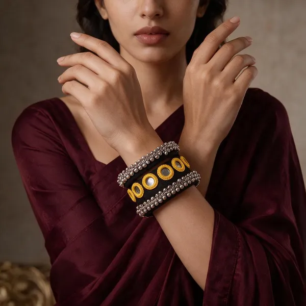 Black_Fabric_Wrapped_Yellow_Embroidered_Mirror_Bangle_For_Women