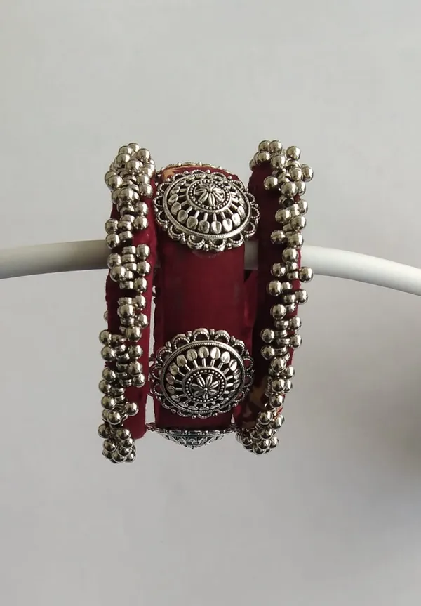 Maroon__Handcrafted_Silver_Beaded_Fabric_Wrapped_Traditional_Bangle__for_Women