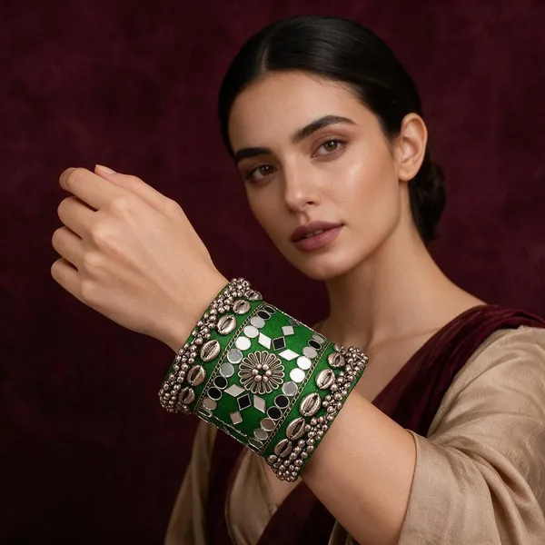 Navratri_Special_Traditional_Handcrafted_Green_Handcuff_Kada_With_Mirror_And_Cowrie_Shell_Work