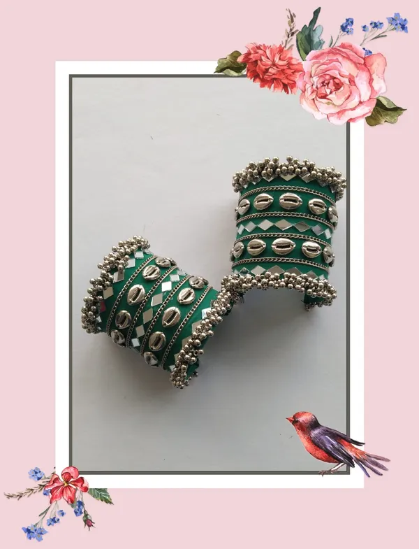 Green_Navratri_Special_Traditional_Handcrafted__Handcuff_Kada_with_Mirror_&_Cowrie_Shell_Work