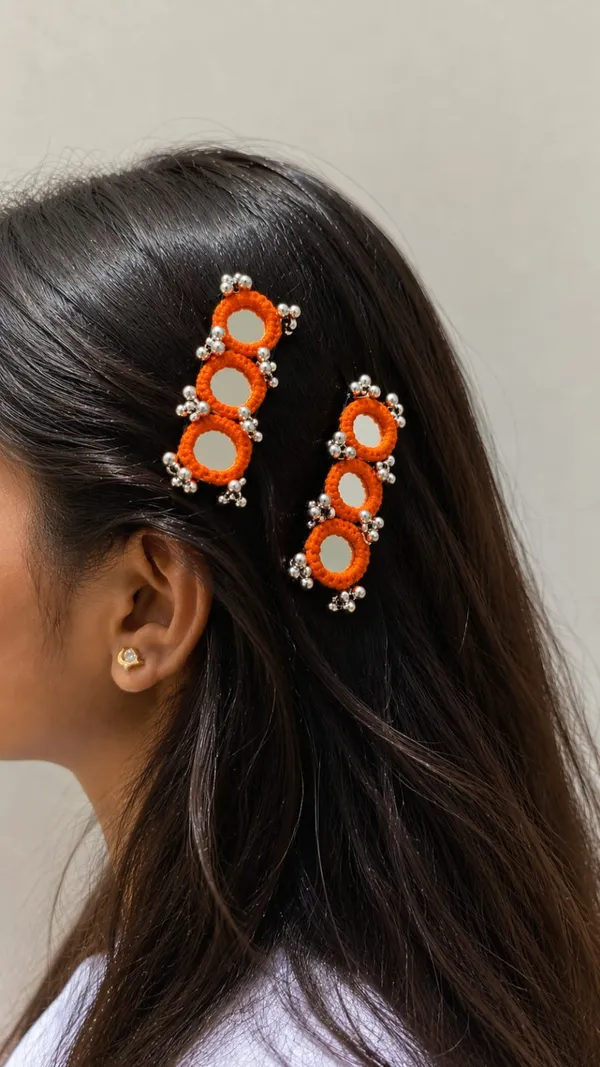 Handcrafted_Orange_Beaded_Hair_Pin_with_Mirror_&_Silver_Bead_Detailing