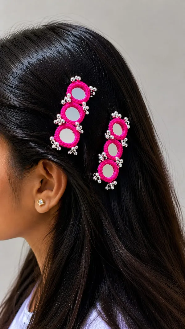 Handcrafted_Pink_Beaded_Hair_Pin_with_Mirror_&_Silver_Bead_Detailing