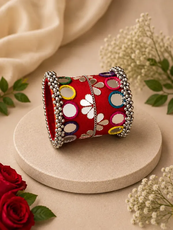 Navratri_Special_Traditional_Handcrafted_Handcuff_Kada_with_Mirror_&_Cowrie_Shell_Work