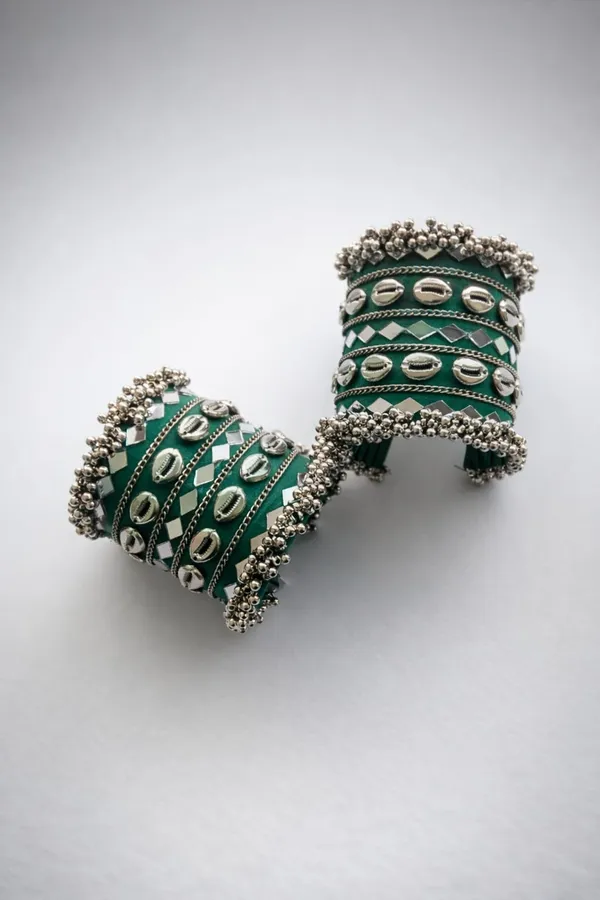 Green_Navratri_Special_Traditional_Handcrafted__Handcuff_Kada_with_Mirror_&_Cowrie_Shell_Work