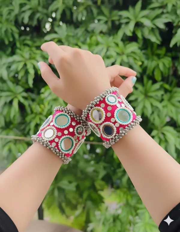 Pink_Navratri_Special_Traditional_Handcrafted__Handcuff_Kada_with_Mirror_&_Cowrie_Shell_Work