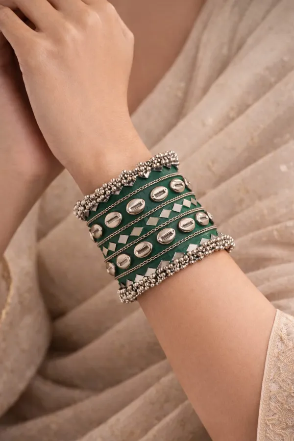 Green_Navratri_Special_Traditional_Handcrafted__Handcuff_Kada_with_Mirror_&_Cowrie_Shell_Work