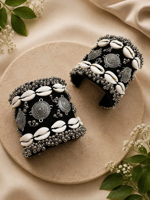 Navratri_Special_Traditional_Handcrafted_Black_Handcuff_Kada_with_Mirror_&_Cowrie_Shell_Work