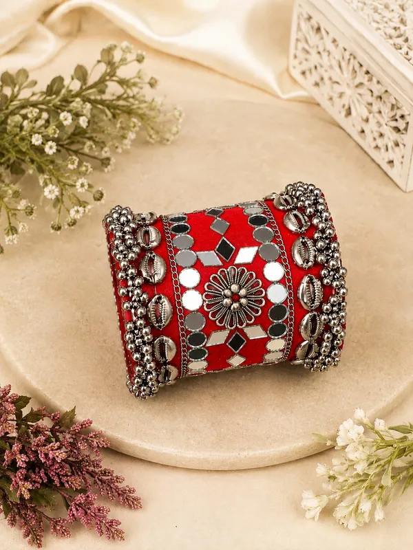 Navratri_Special_Traditional_Handcrafted_Red_Handcuff_Kada_with_Mirror_&_Cowrie_Shell_Work