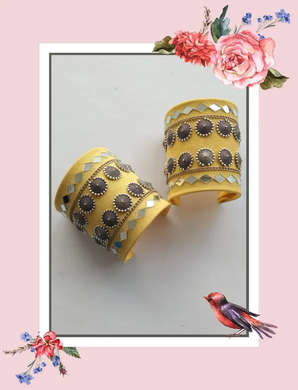 Yellow_Navratri_Special_Traditional_Handcrafted__Handcuff_Kada_with_Mirror_&_Cowrie_Shell_Work