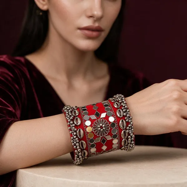 Navratri_Special_Traditional_Handcrafted_Red_Handcuff_Kada_With_Mirror_And_Cowrie_Shell_Work