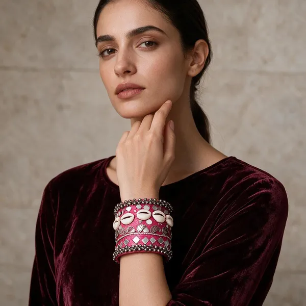 Navratri_Special_Traditional_Handcrafted_Pink_Handcuff_Kada_With_Mirror_And_Cowrie_Shell_Work