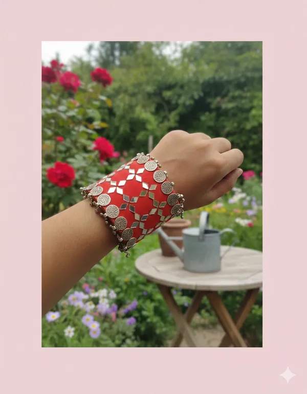 Red_Navratri_Special_Traditional_Handcrafted__Handcuff_Kada_with_Mirror_&_Cowrie_Shell_Work