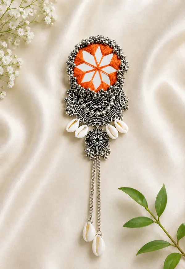 Handmade_Orange_Thread_Mirror_Work_Cowrie_Hair_Pin