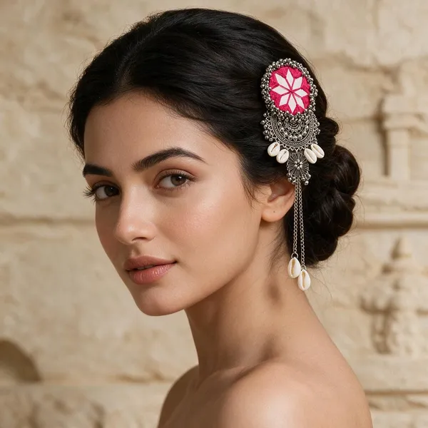 Handmade_Red_Thread_Mirror_Work_Cowrie_Hair_Pin