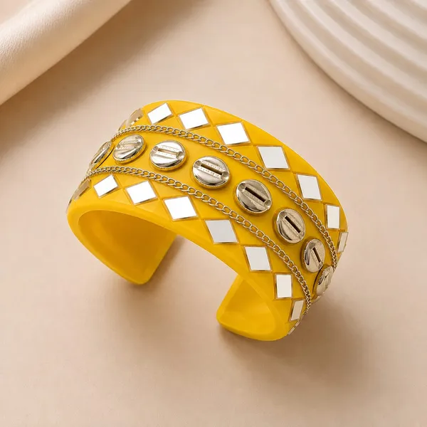 Navratri_Special_Traditional_Handcrafted_Yellow_Handcuff_Kada_with_Mirror_&_Cowrie_Shell_Work