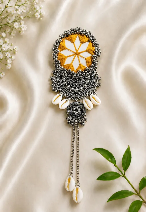 Handmade_Yellow_Thread_Mirror_Work_Cowrie_Hair_Pin