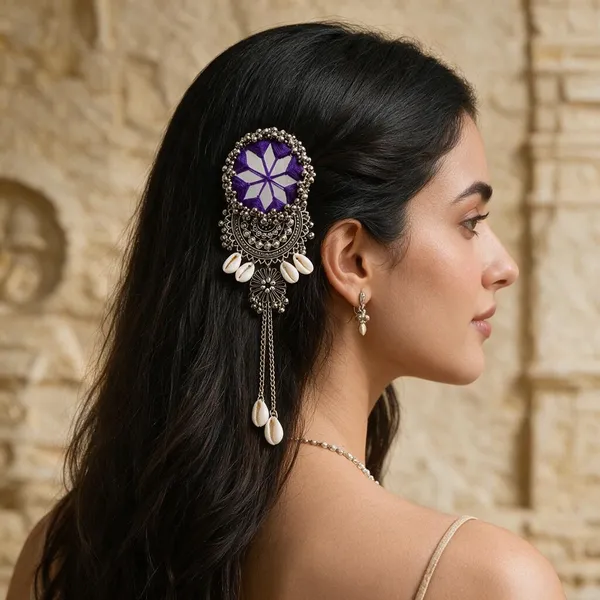 Handmade_Purple_Thread_Mirror_Work_Cowrie_Hair_Pin