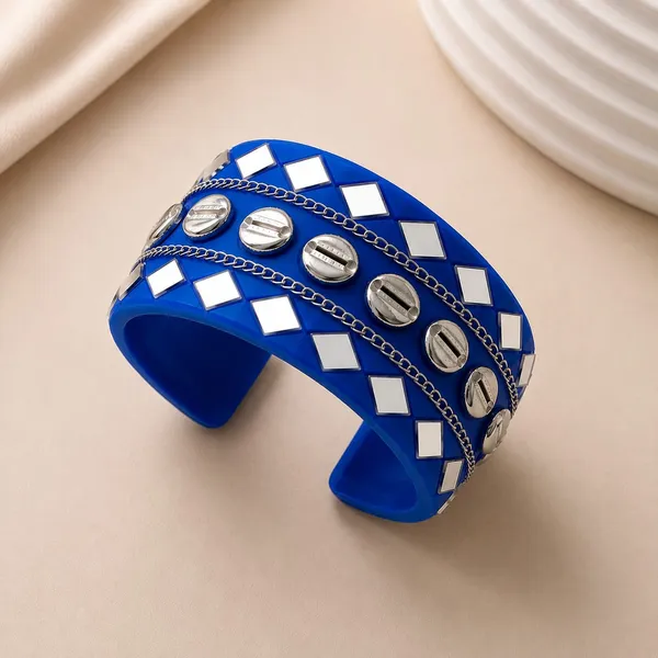 Navratri_Special_Traditional_Handcrafted_Blue_Handcuff_Kada_with_Mirror_&_Cowrie_Shell_Work