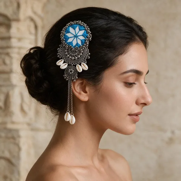 Handmade_Blue_Thread_Mirror_Work_Cowrie_Hair_Pin