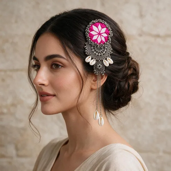 Handmade_Pink_Thread_Mirror_Work_Cowrie_Hair_Pin