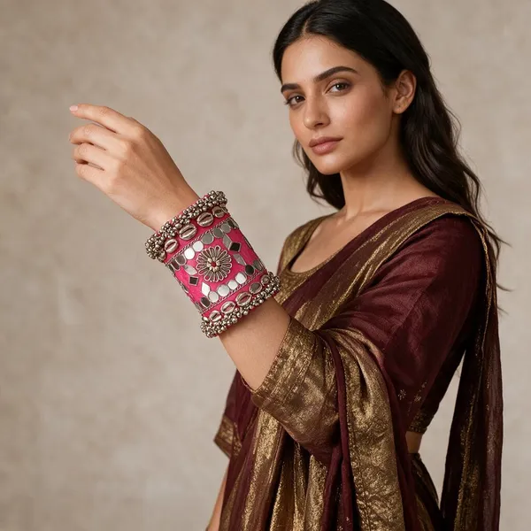 Navratri_Special_Traditional_Handcrafted_Handcuff_Kada_With_Mirror_And_Cowrie_Shell_Work