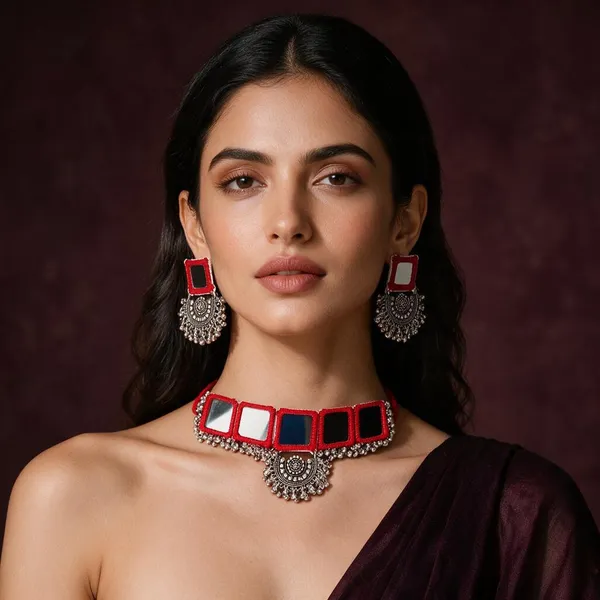 Red_Thread_Mirror_Work_Chokar_Jewellery_Set_For_Women