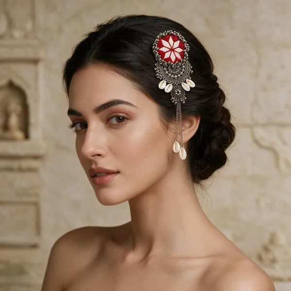 Handmade_Red_Thread_Mirror_Work_Cowrie_Hair_Pin