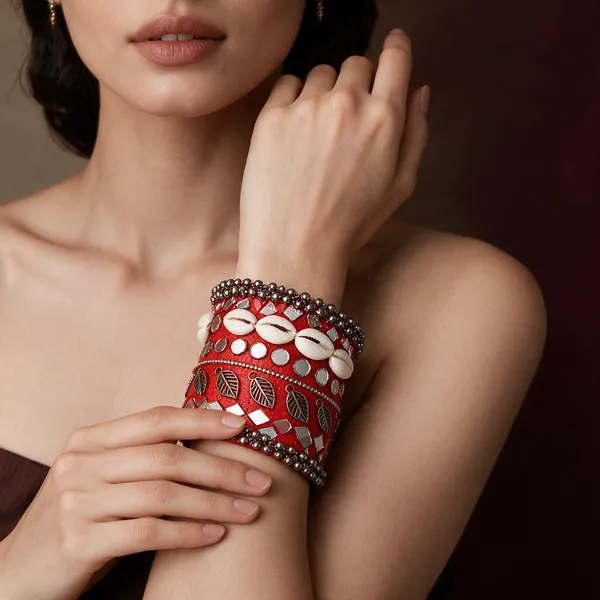 Navratri_Special_Traditional_Handcrafted_Red_Handcuff_Kada_With_Mirror_And_Cowrie_Shell_Work