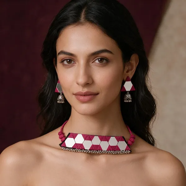 Pink_Triangle_Mirror_Thread_Chokar_Jewellery_Set_For_Women