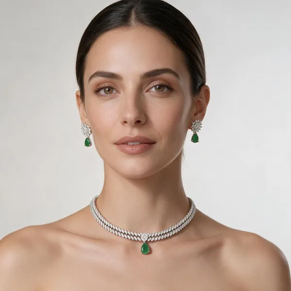 Green_&_Silver_Stainless_Steel_Necklace_Set_For_Women