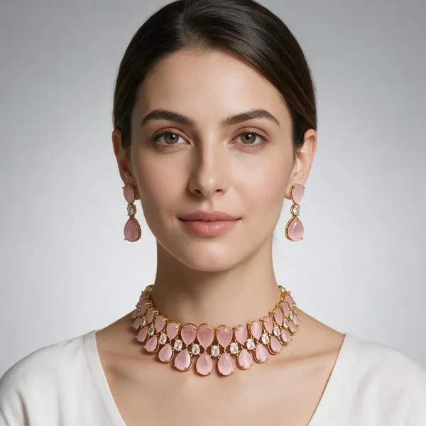 Gold_&_Pink_Brass_Necklace_Set_For_Women