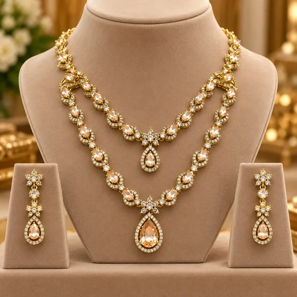 Gold-Tone_Double-Layer_Necklace_Set_with_Peach_Stone_Pendant_&_matching_Earrings