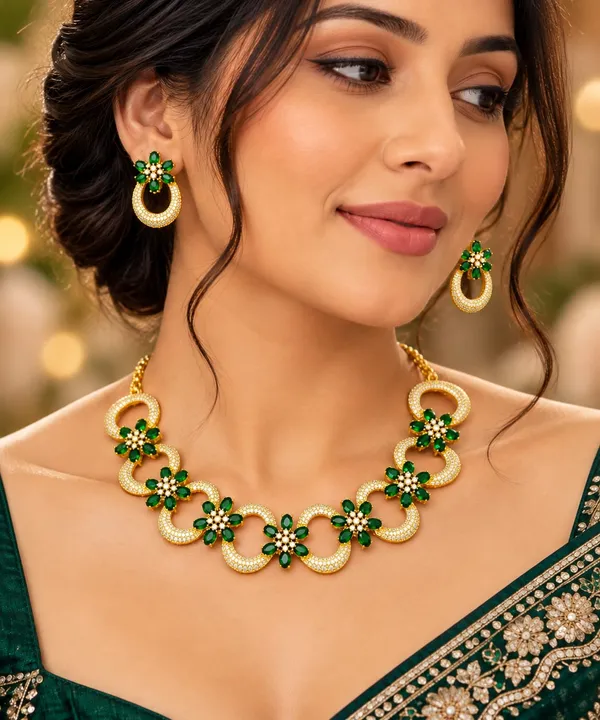 Gold-Tone_Green_Floral_Necklace_Set_with_Matching_Earrings