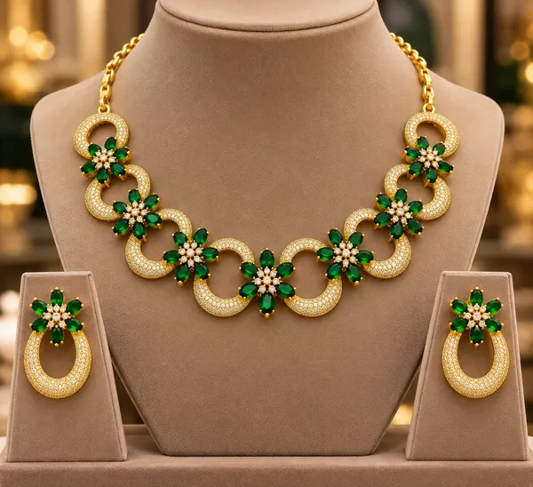 Gold-Tone_Green_Floral_Necklace_Set_with_Matching_Earrings