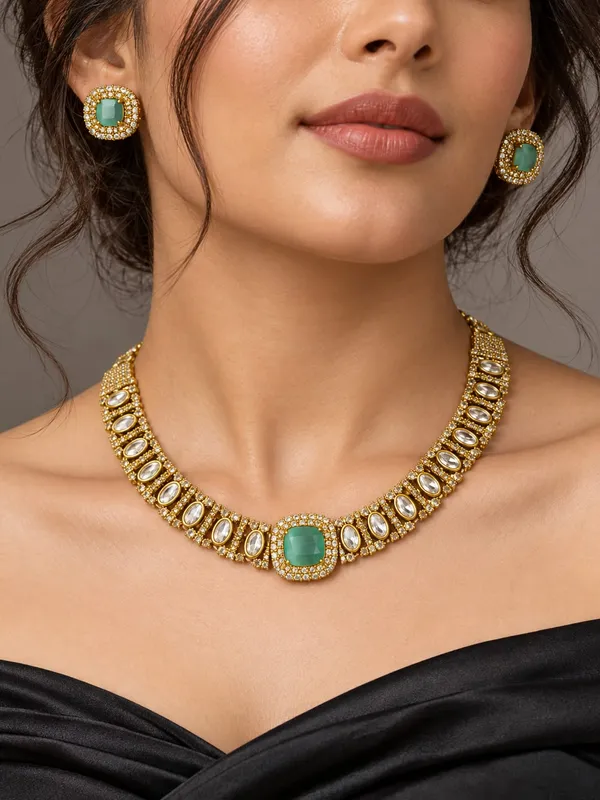 Gold-Tone_Necklace_Set_with_Green_Stone