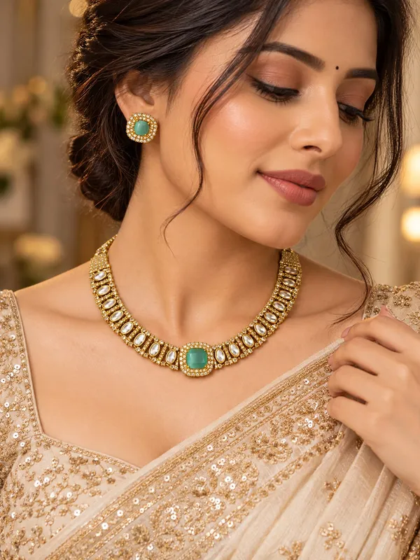 Gold-Tone_Necklace_Set_with_Green_Stone