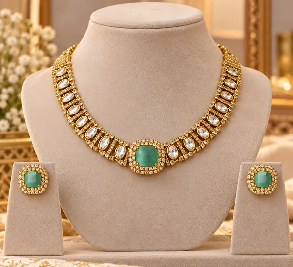 Gold-Tone_Necklace_Set_with_Green_Stone
